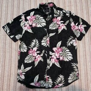 Denim & Flower Black Short-Sleeve Button-Down with Pink Floral Print